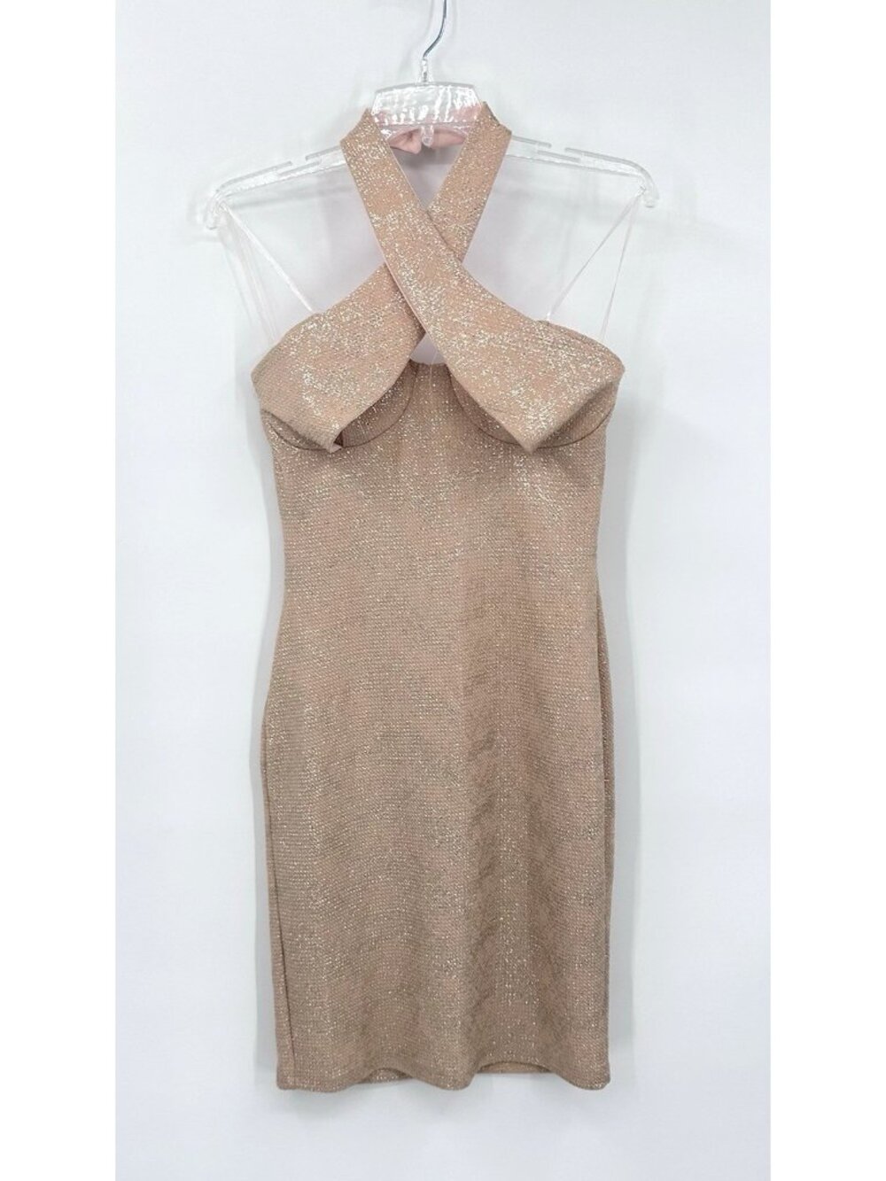 Y2K CHARLOTTE RUSSE gold metallic halter dress MEDIUM bodycon club 2000s party - Picture 2 of 11